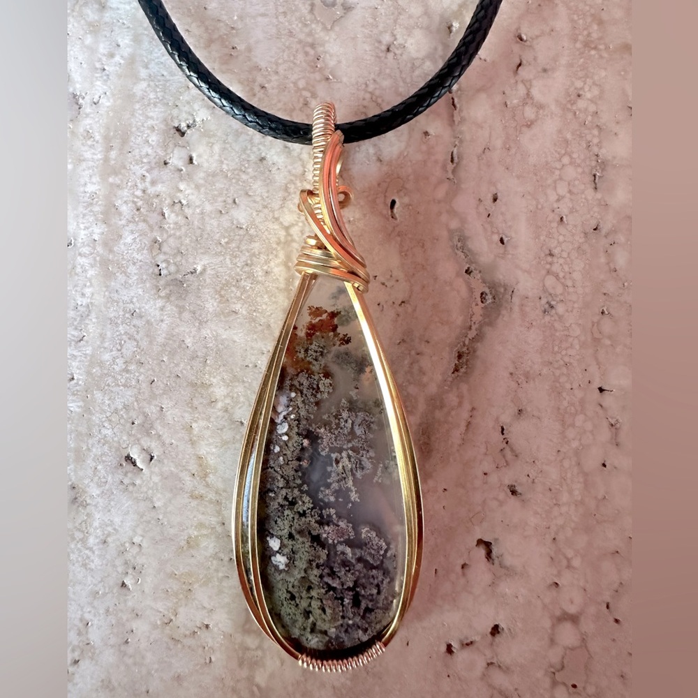 Tarnish Resistant Gold Grounding Copper Moss Agate Necklace Pendant + Cord